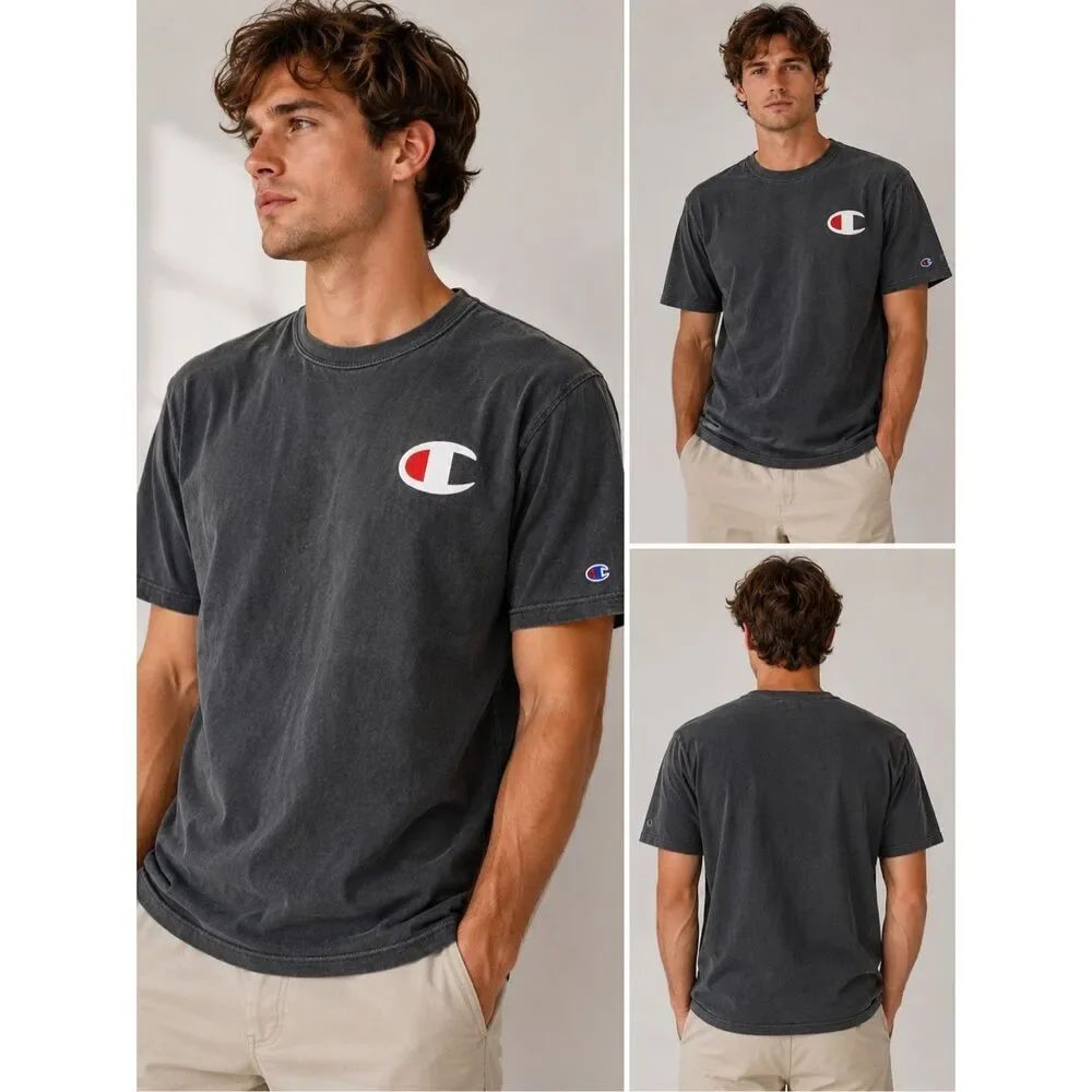 Vintage Champion Black Logo T Shirt Mens XL Faded Graphic Streetwear Cotton
